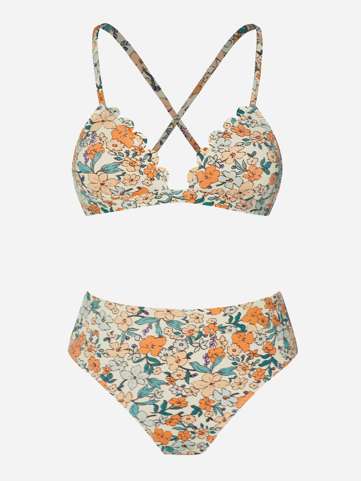 CUPSHE Bikini Set for Women Bathing Suit High Waisted Scalloped V Neck Two Pieces Swimsuit