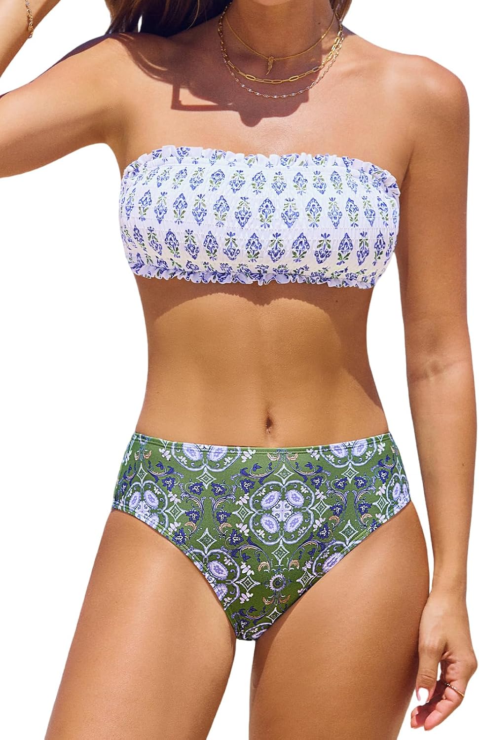 CUPSHE Bikini Set for Women Two Piece Swimsuit Bandeau Top Back Tie Mid Waisted Bottom with Removable Shoulder Straps