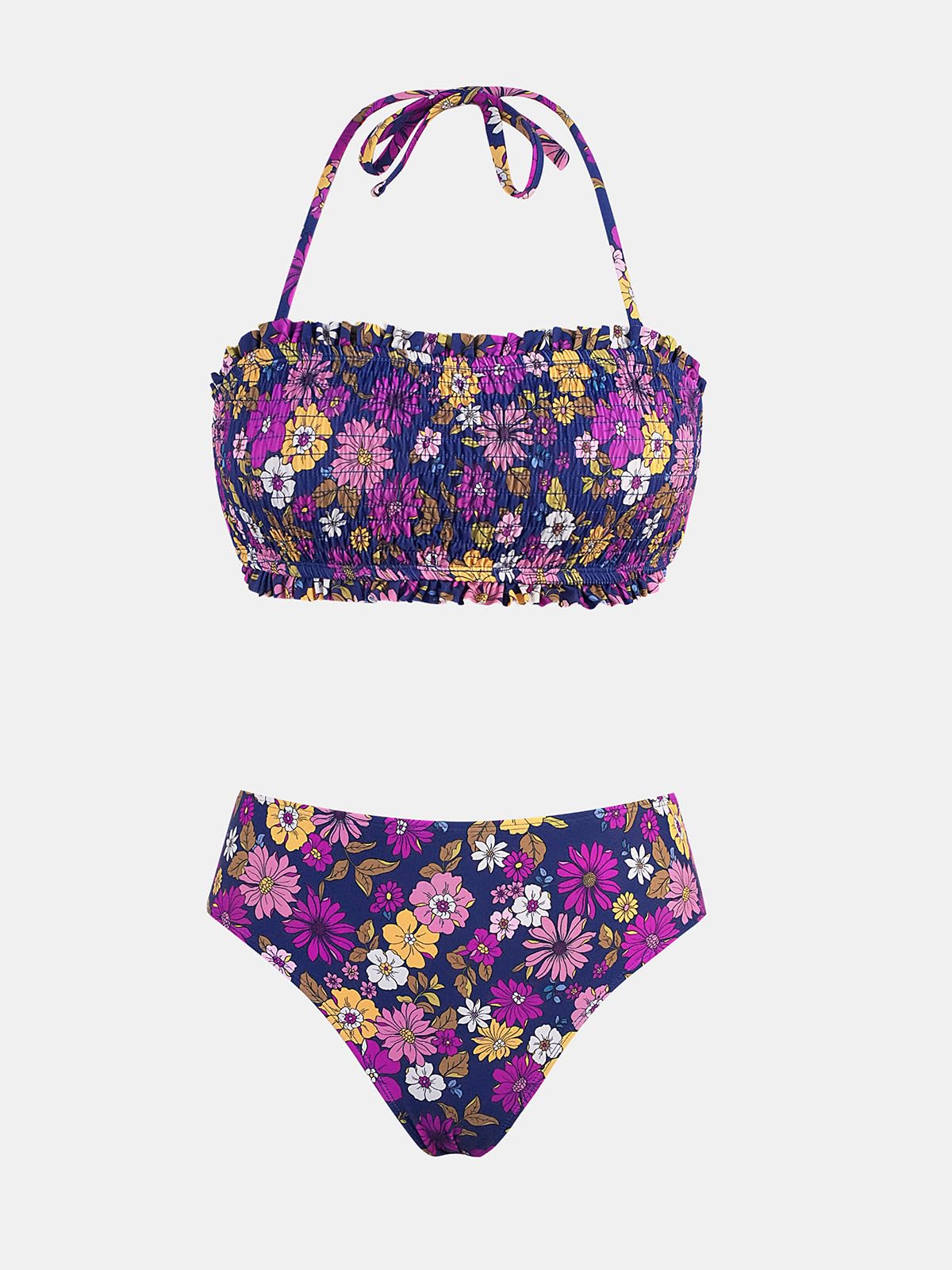 CUPSHE Bikini Set for Women Two Piece Swimsuit Bandeau Top Back Tie Mid Waisted Bottom with Removable Shoulder Straps