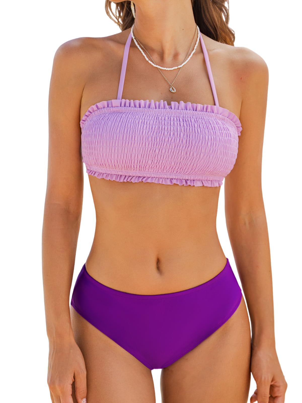 CUPSHE Bikini Set for Women Two Piece Swimsuit Bandeau Top Back Tie Mid Waisted Bottom with Removable Shoulder Straps