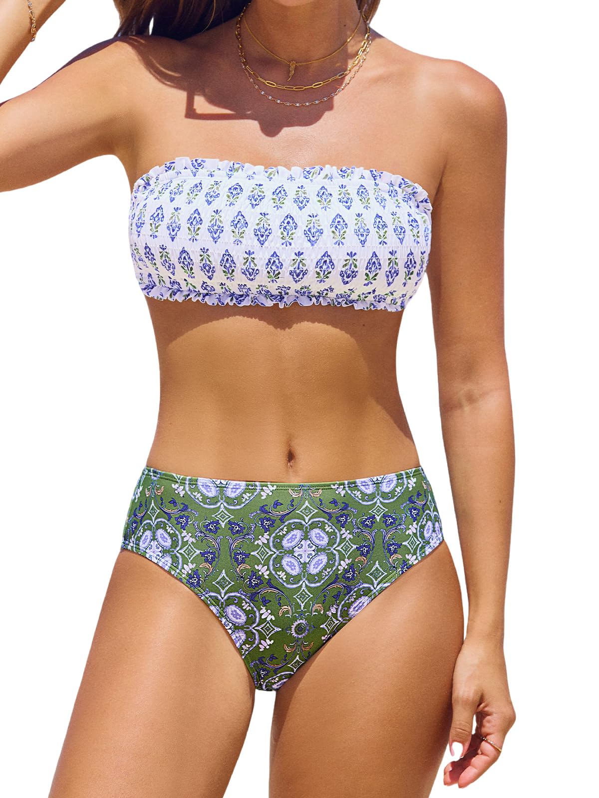 CUPSHE Bikini Set for Women Two Piece Swimsuit Bandeau Top Back Tie Mid Waisted Bottom with Removable Shoulder Straps