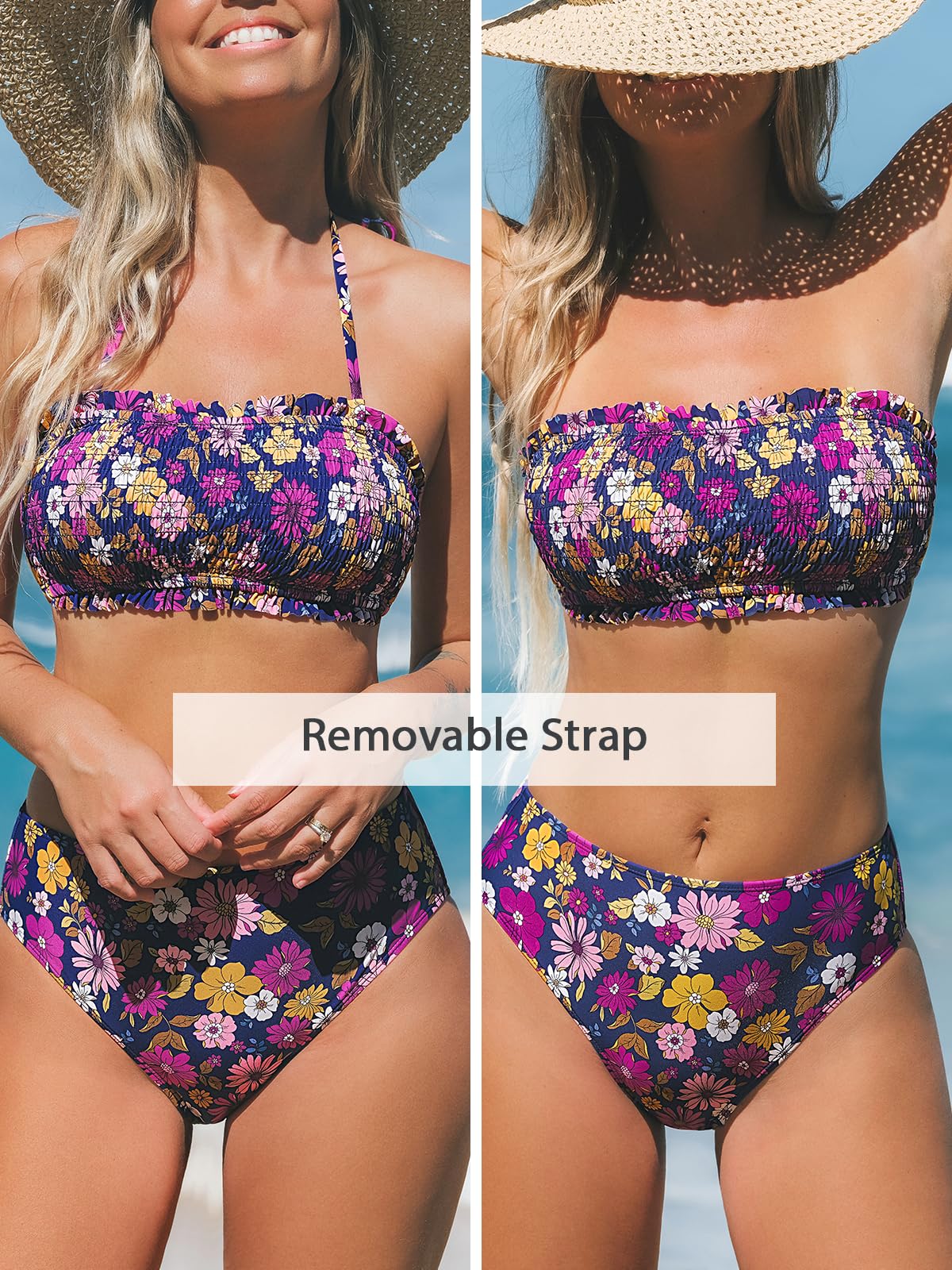 CUPSHE Bikini Set for Women Two Piece Swimsuit Bandeau Top Back Tie Mid Waisted Bottom with Removable Shoulder Straps