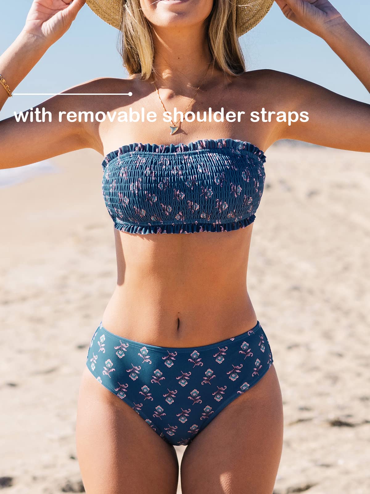 CUPSHE Bikini Set for Women Two Piece Swimsuit Bandeau Top Back Tie Mid Waisted Bottom with Removable Shoulder Straps