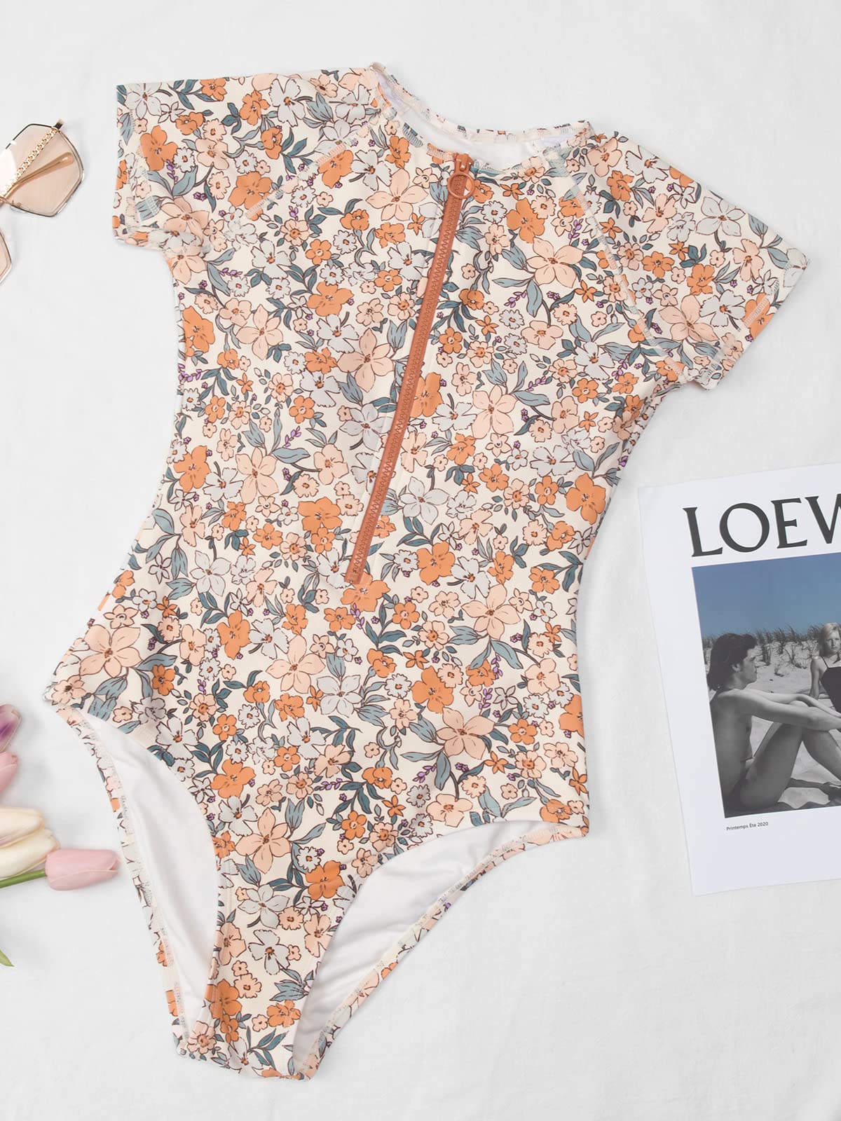 CUPSHE One Piece Swimsuit for Women Mock Neck Zipper Short Sleeve Bathing Suit