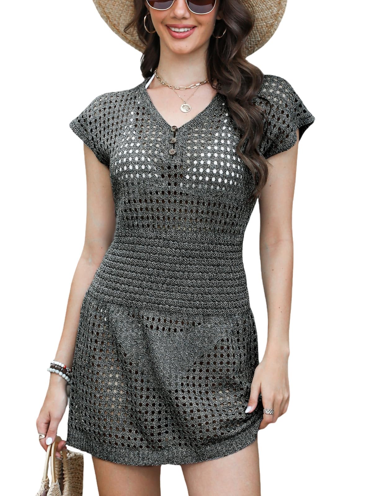 CUPSHE Women Crochet Swim Cover Up Short Sleeve V Neck Bathing Suit Beach Dress Summer Swimwear Coverups