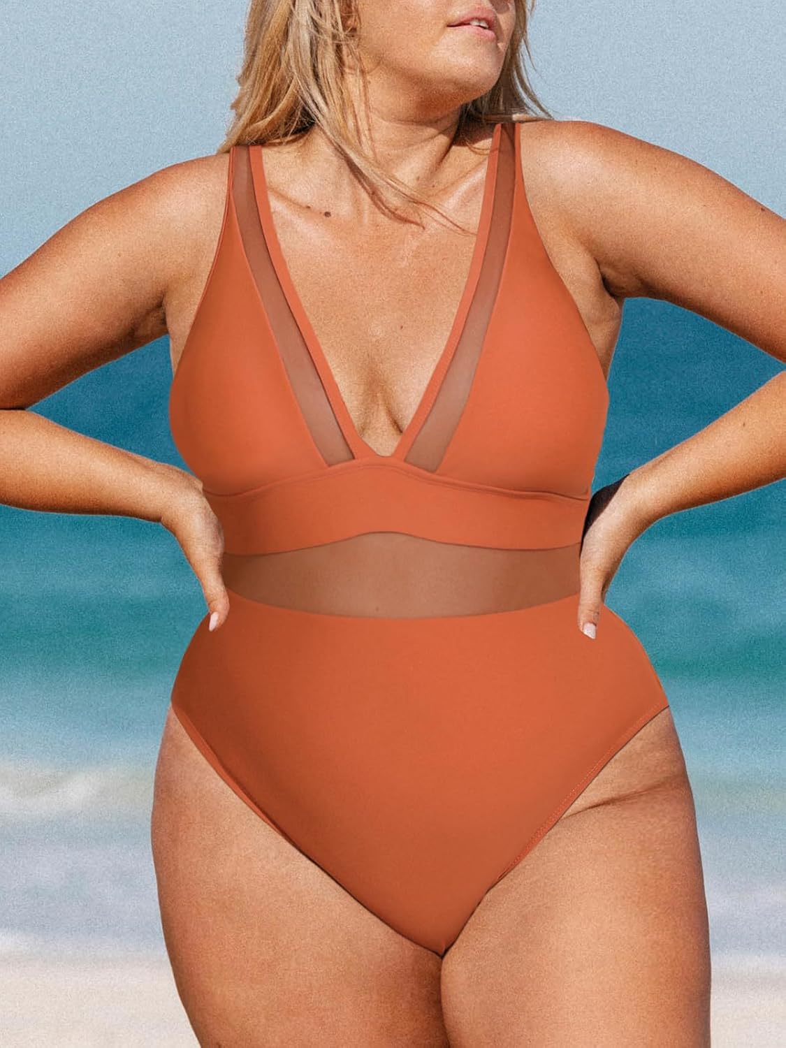 CUPSHE Women Plus Size One Piece Swimsuit V Neck Mesh Sheer Tummy Control Bathing Suit with Adjustable Wide Straps