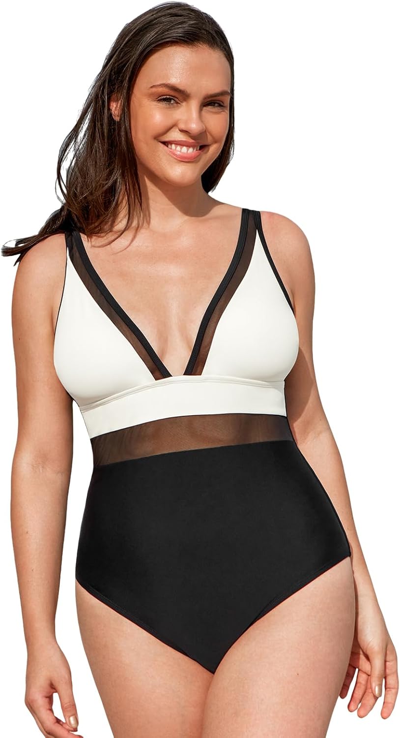 CUPSHE Women Plus Size One Piece Swimsuit V Neck Mesh Sheer Tummy Control Bathing Suit with Adjustable Wide Straps