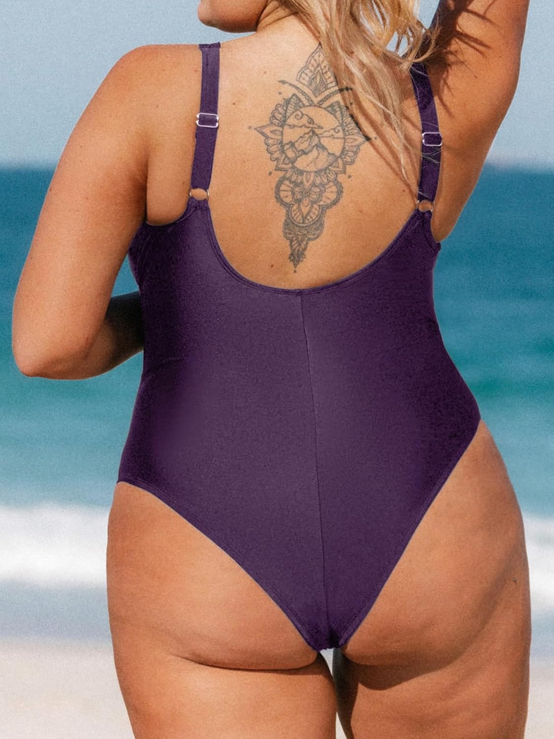 CUPSHE Women Plus Size One Piece Swimsuit V Neck Mesh Sheer Tummy Control Bathing Suit with Adjustable Wide Straps