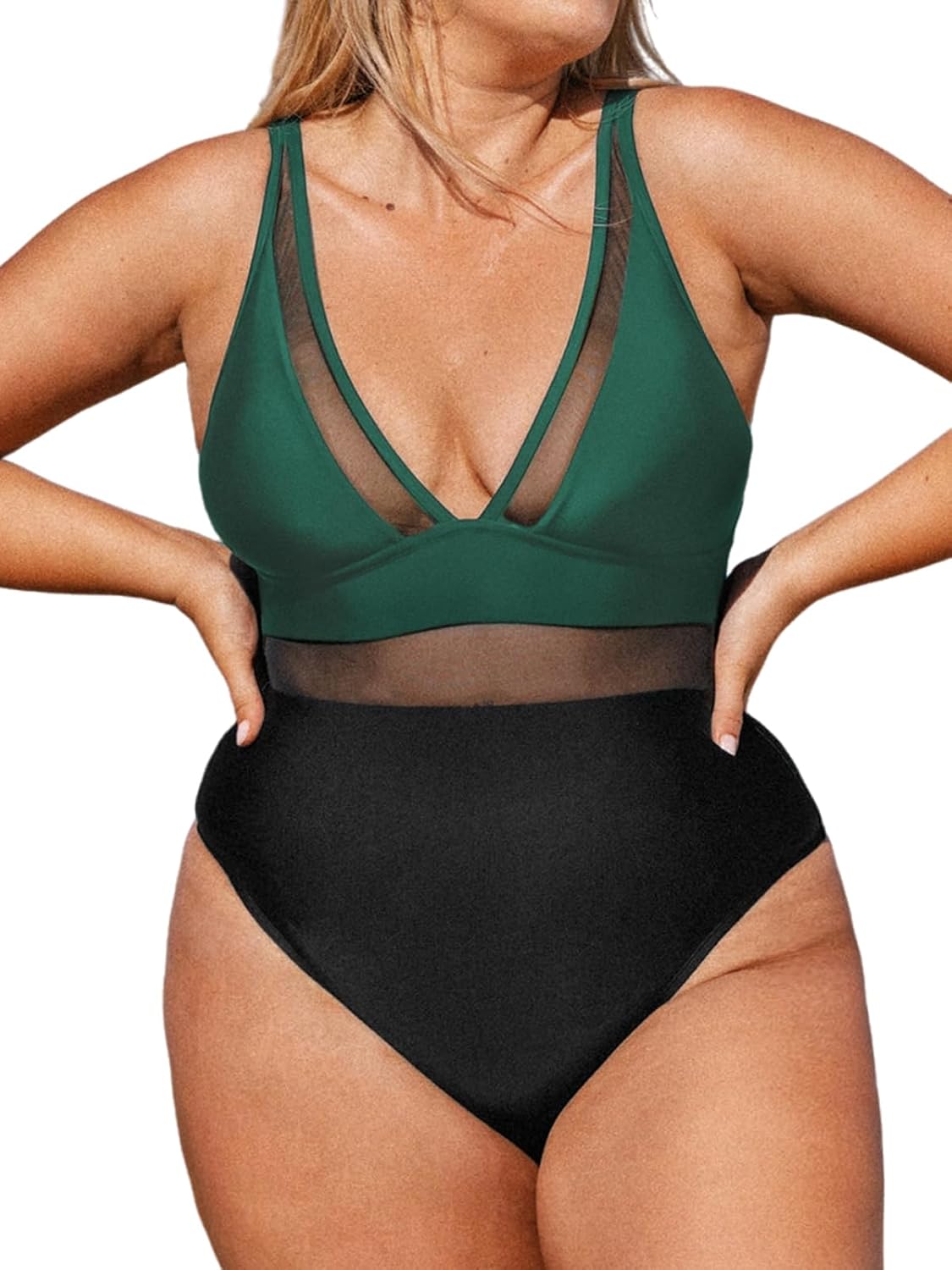 CUPSHE Women Plus Size One Piece Swimsuit V Neck Mesh Sheer Tummy Control Bathing Suit with Adjustable Wide Straps