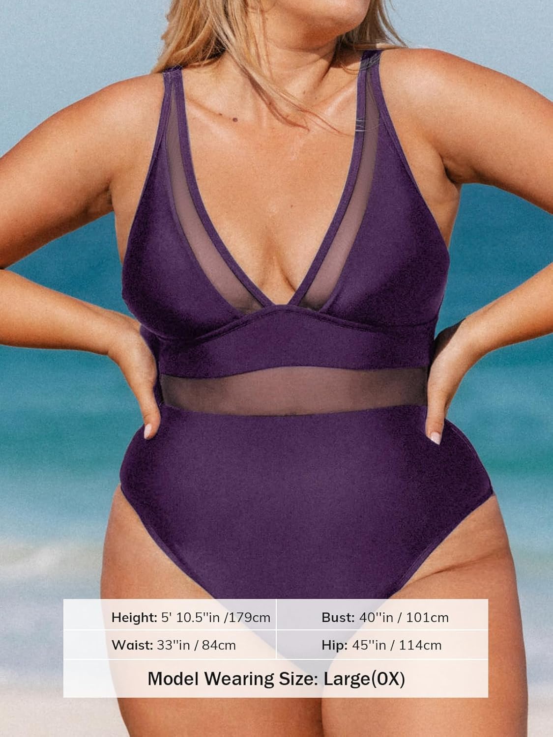 CUPSHE Women Plus Size One Piece Swimsuit V Neck Mesh Sheer Tummy Control Bathing Suit with Adjustable Wide Straps