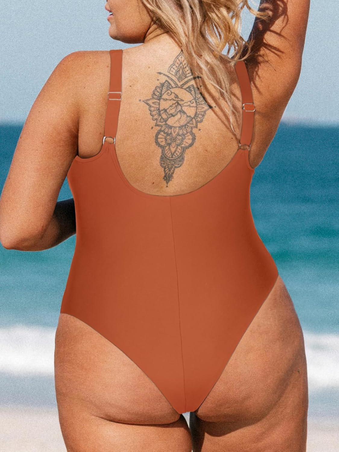 CUPSHE Women Plus Size One Piece Swimsuit V Neck Mesh Sheer Tummy Control Bathing Suit with Adjustable Wide Straps