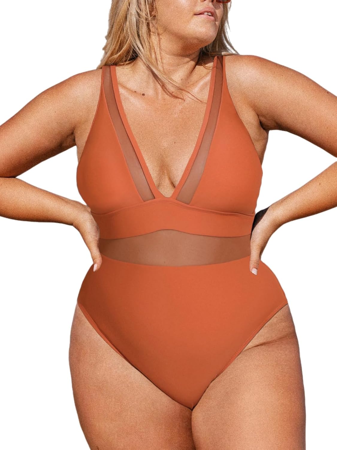 CUPSHE Women Plus Size One Piece Swimsuit V Neck Mesh Sheer Tummy Control Bathing Suit with Adjustable Wide Straps