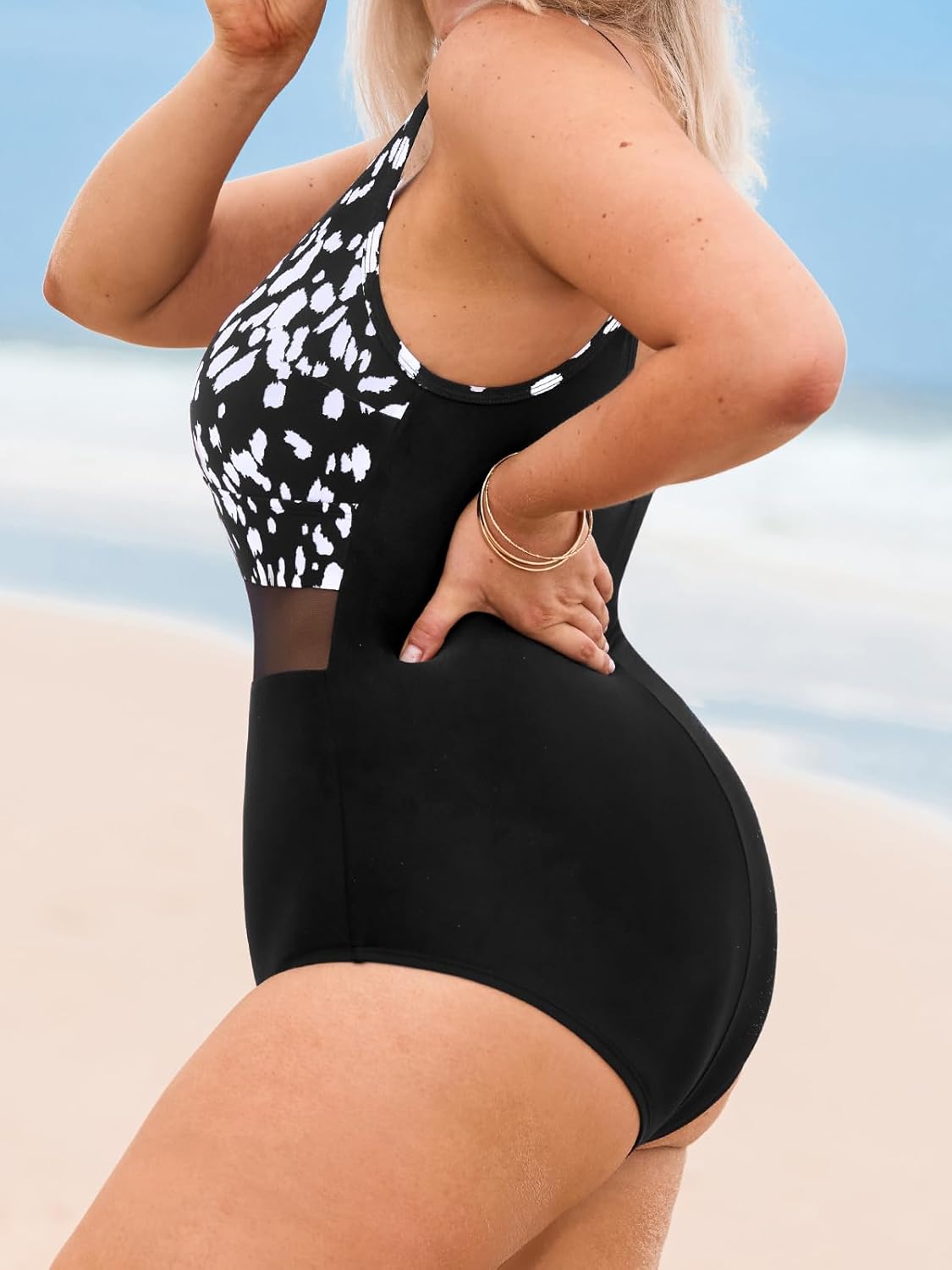 CUPSHE Women Plus Size One Piece Swimsuit V Neck Mesh Sheer Tummy Control Bathing Suit with Adjustable Wide Straps