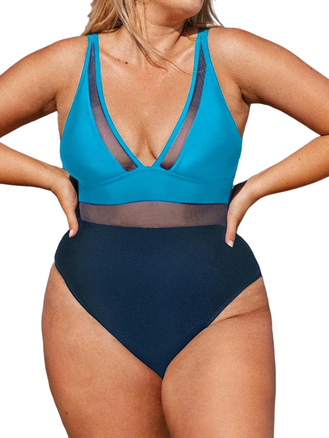 CUPSHE Women Plus Size One Piece Swimsuit V Neck Mesh Sheer Tummy Control Bathing Suit with Adjustable Wide Straps