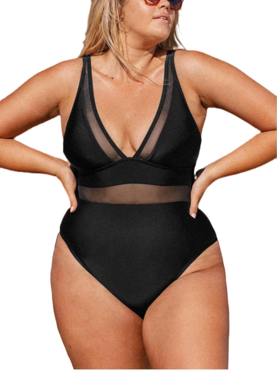 CUPSHE Women Plus Size One Piece Swimsuit V Neck Mesh Sheer Tummy Control Bathing Suit with Adjustable Wide Straps