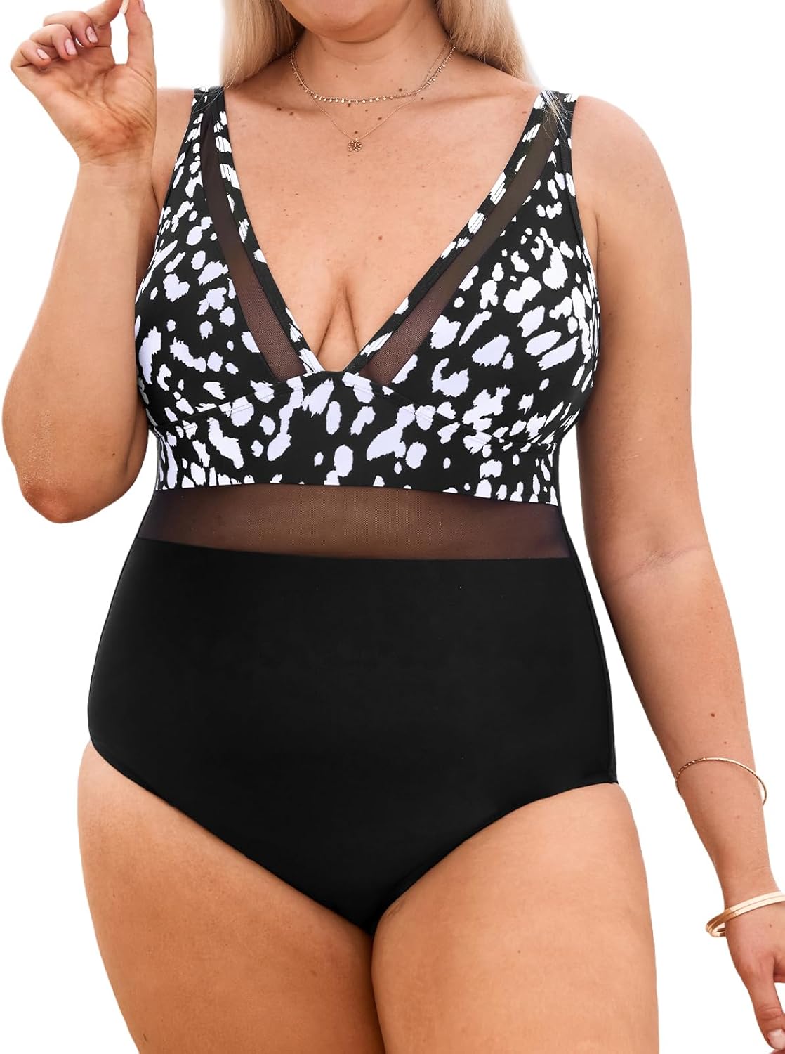 CUPSHE Women Plus Size One Piece Swimsuit V Neck Mesh Sheer Tummy Control Bathing Suit with Adjustable Wide Straps