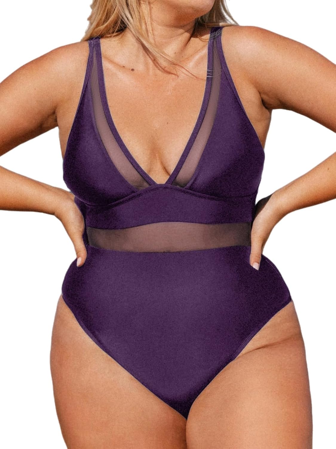 CUPSHE Women Plus Size One Piece Swimsuit V Neck Mesh Sheer Tummy Control Bathing Suit with Adjustable Wide Straps