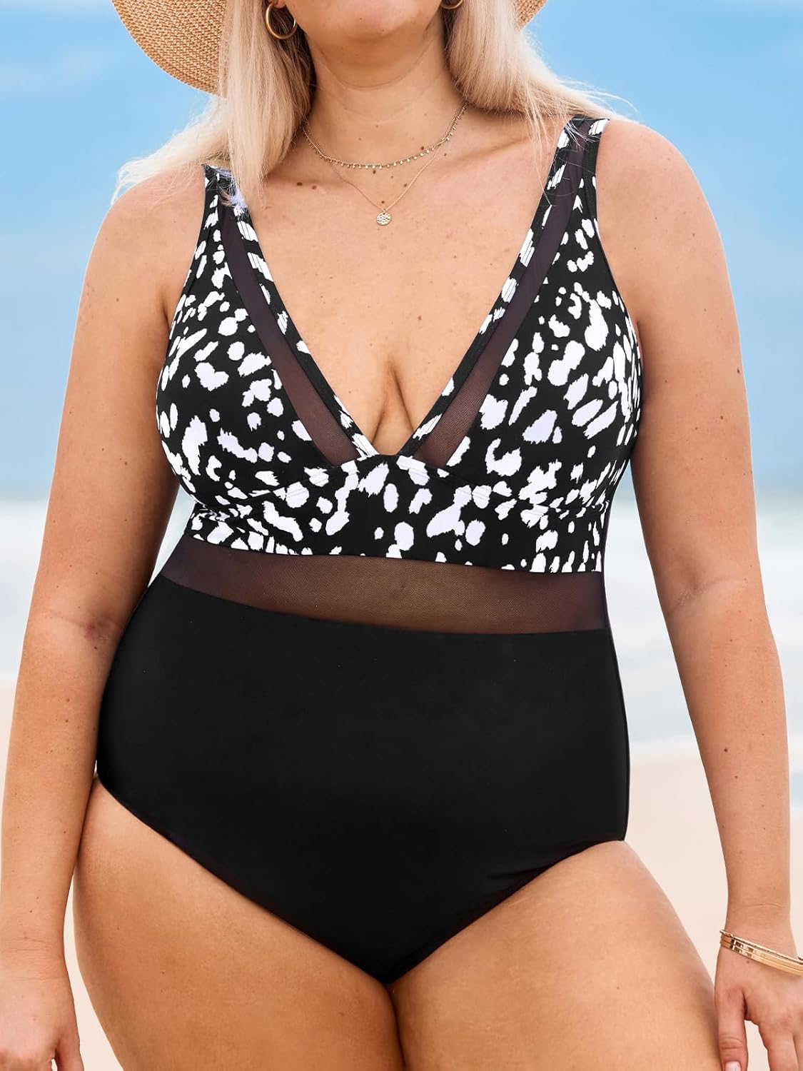 CUPSHE Women Plus Size One Piece Swimsuit V Neck Mesh Sheer Tummy Control Bathing Suit with Adjustable Wide Straps