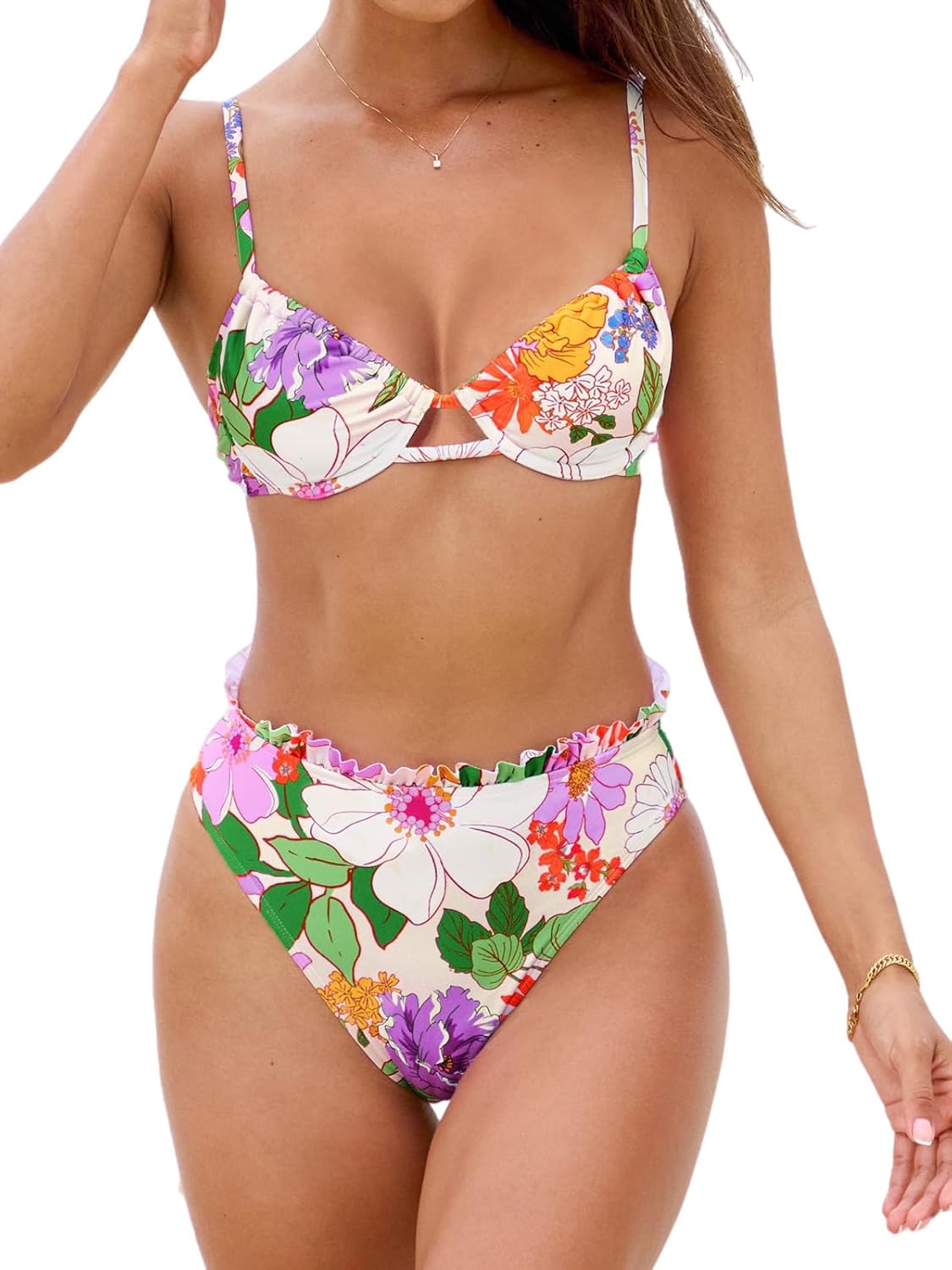 CUPSHE Women Swimsuit Bikini Set High Waisted Push Up Cheeky Drawstring Two Piece Bathing Suit