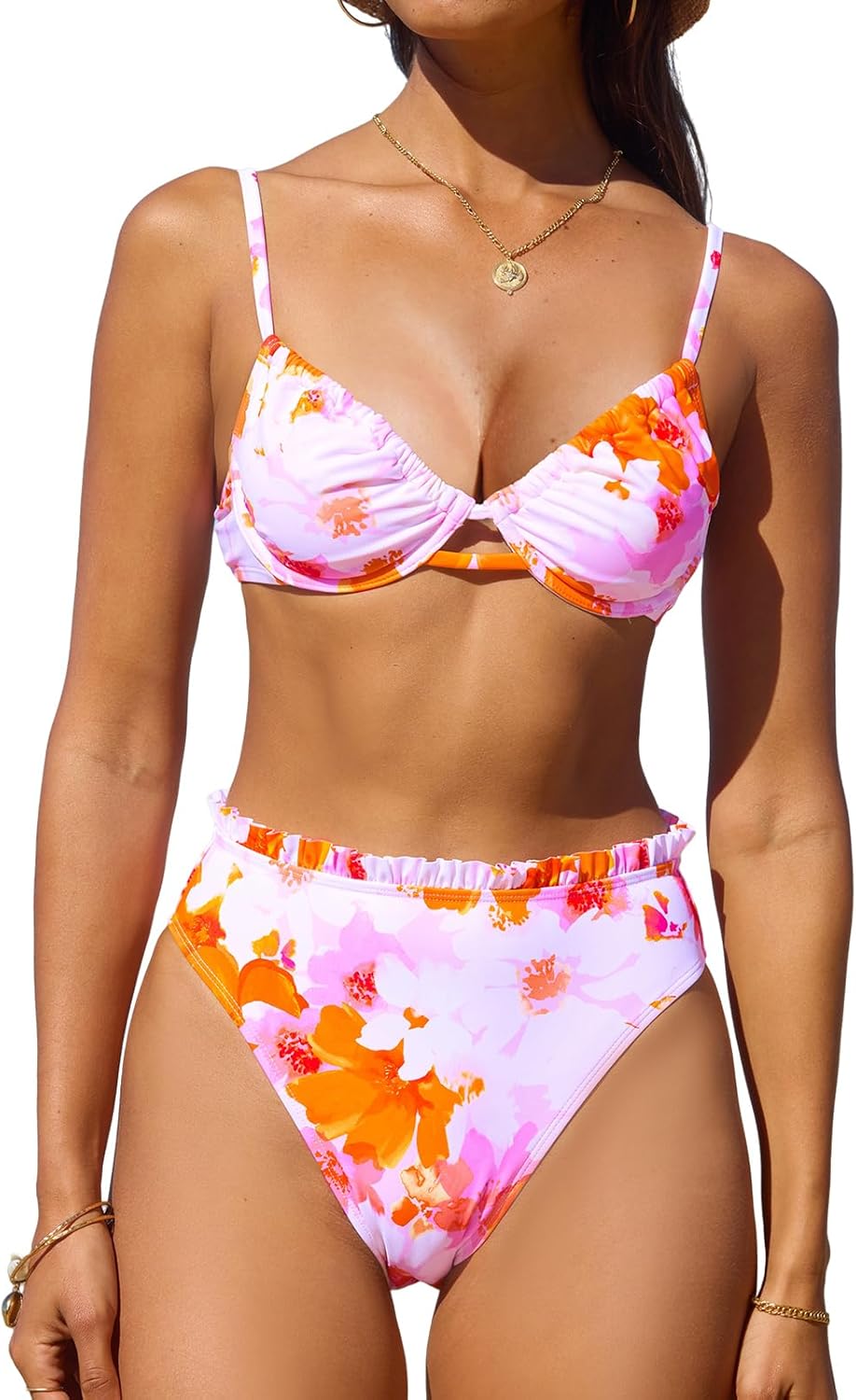 CUPSHE Women Swimsuit Bikini Set High Waisted Push Up Cheeky Drawstring Two Piece Bathing Suit