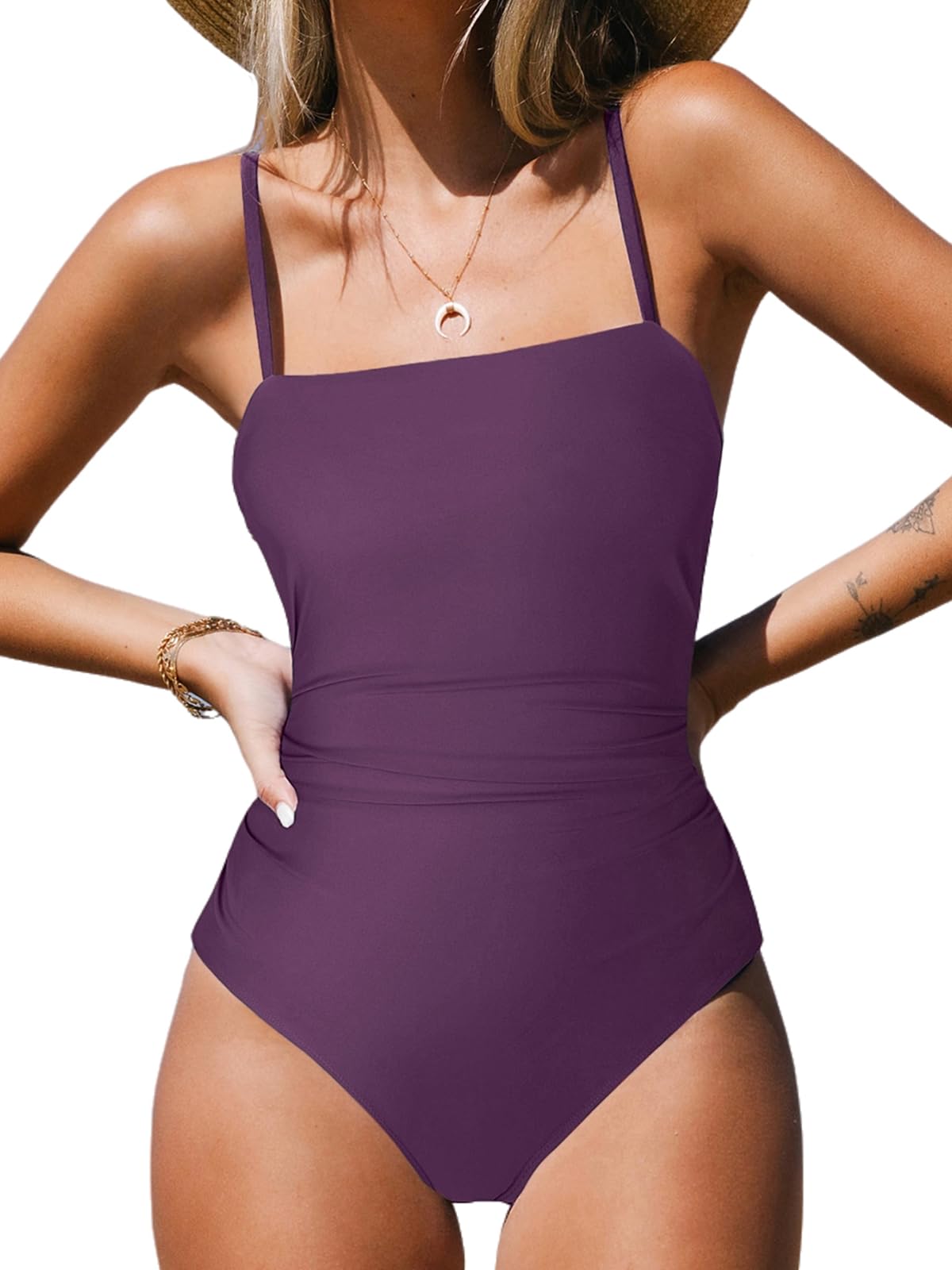CUPSHE Women Swimsuit One Piece Bathing Suit Square Neck Cutout Back Tummy Control with Adjustable Spaghetti Straps