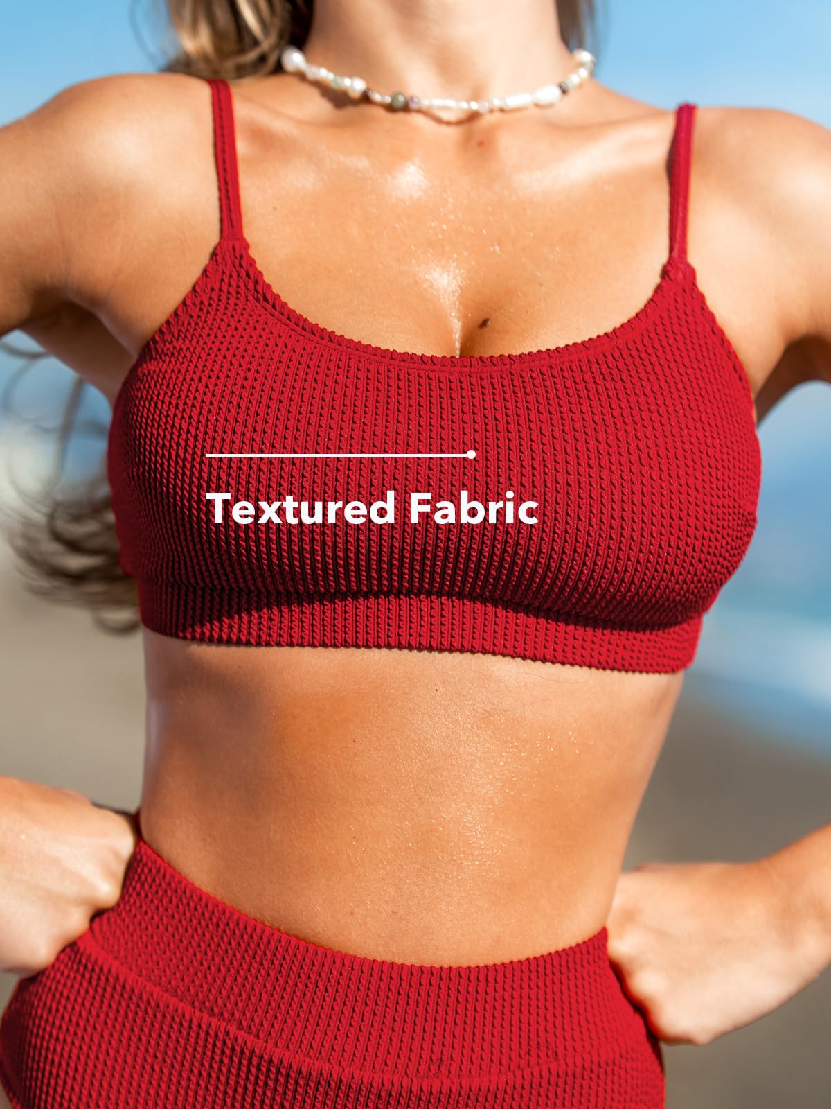 CUPSHE Women's Bikini Set Two Piece Swimsuits High Waisted Scoop Neck Spaghetti Adjustable Straps Textured