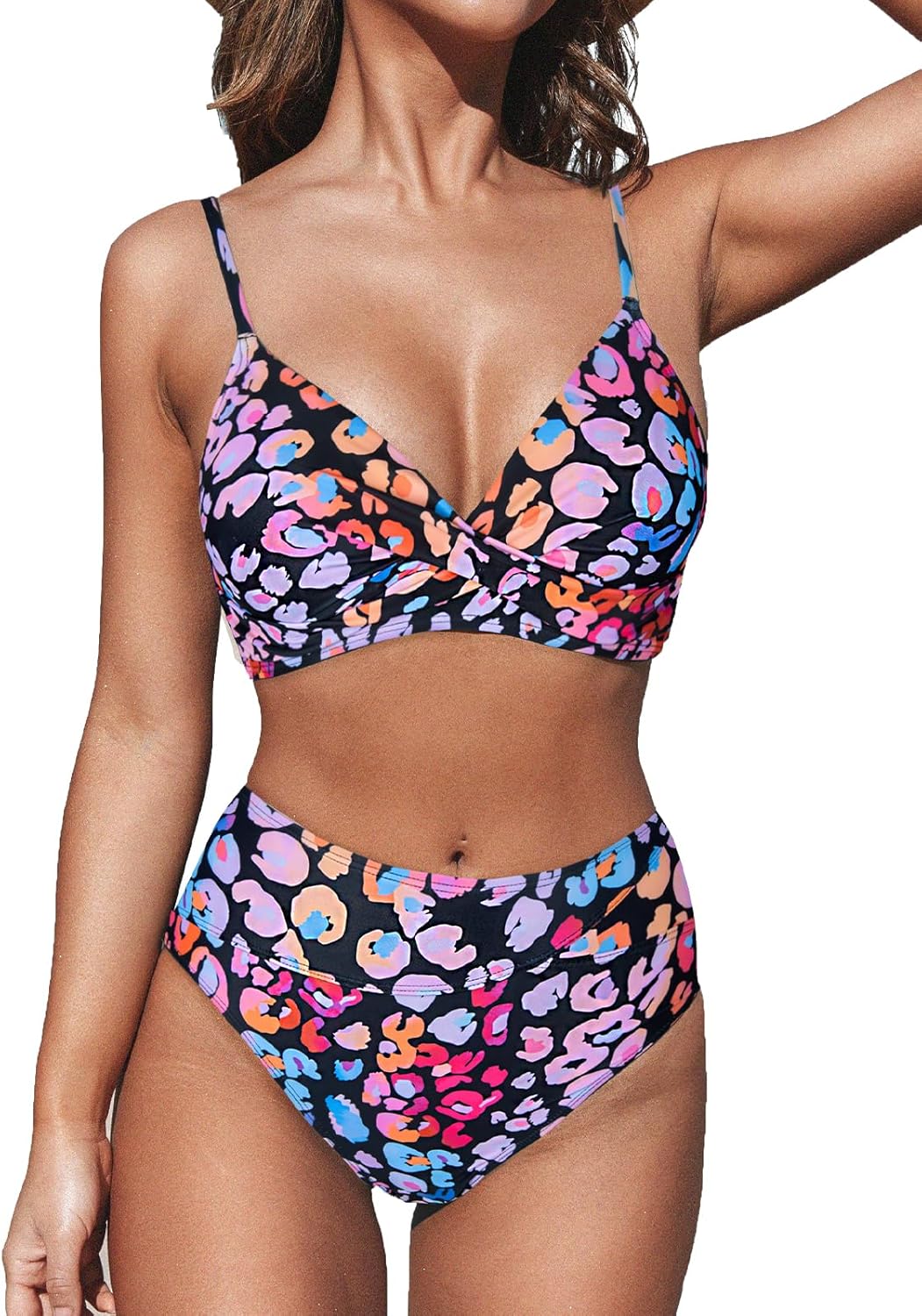 CUPSHE Women's Bikini Sets Two Piece Swimsuit High Waisted V Neck Twist Front Adjustable Spaghetti Straps Bathing Suit