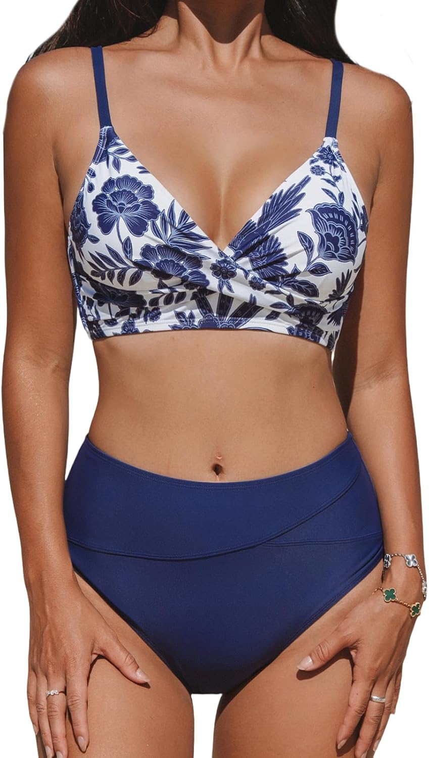 CUPSHE Women's Bikini Sets Two Piece Swimsuit High Waisted V Neck Twist Front Adjustable Spaghetti Straps Bathing Suit