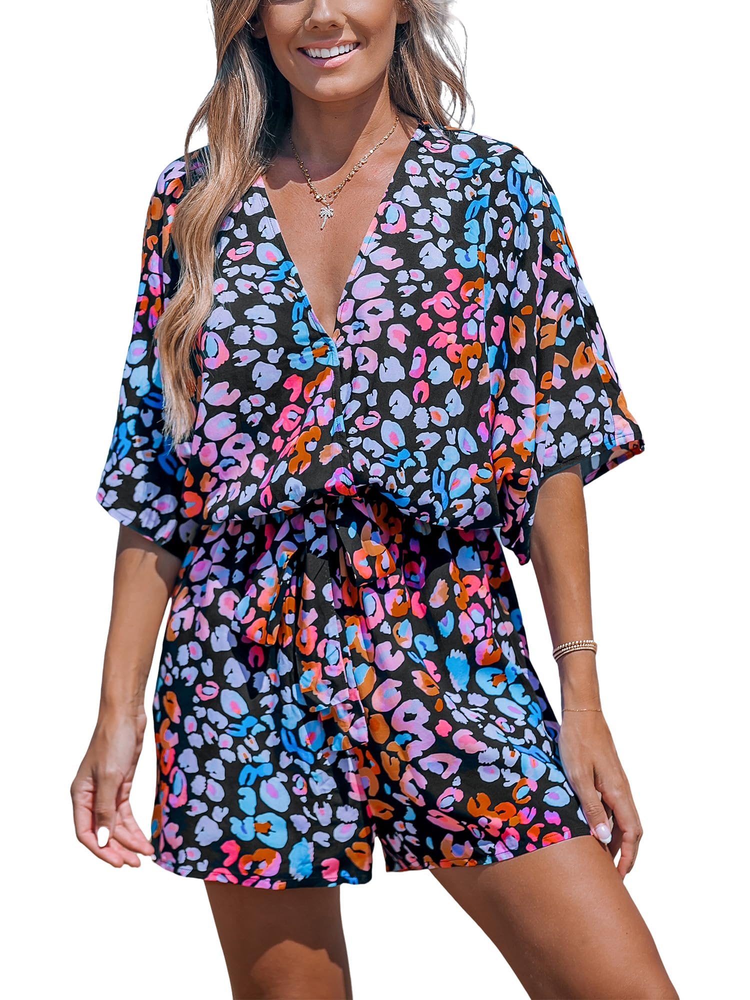 CUPSHE Women's Lace Up Leopard Print Romper Short Sleeves Jumpsuits Wide leg Outfit