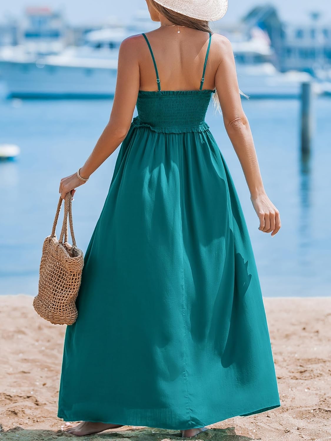 CUPSHE Women's Maxi Dress Ditsy Floral Smocked Summer Sundress Sleeveless Ruffled Spaghetti Straps Long Beach Formal Dress