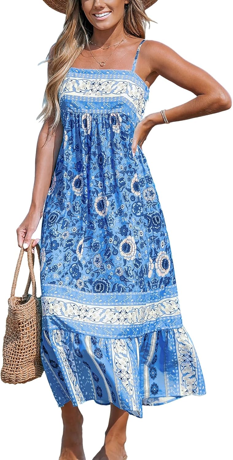 CUPSHE Women's Maxi Dress Ditsy Floral Smocked Summer Sundress Sleeveless Ruffled Spaghetti Straps Long Beach Formal Dress