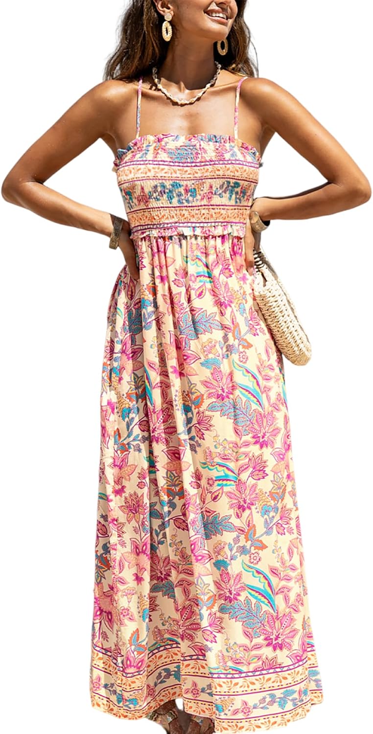 CUPSHE Women's Maxi Dress Ditsy Floral Smocked Summer Sundress Sleeveless Ruffled Spaghetti Straps Long Beach Formal Dress