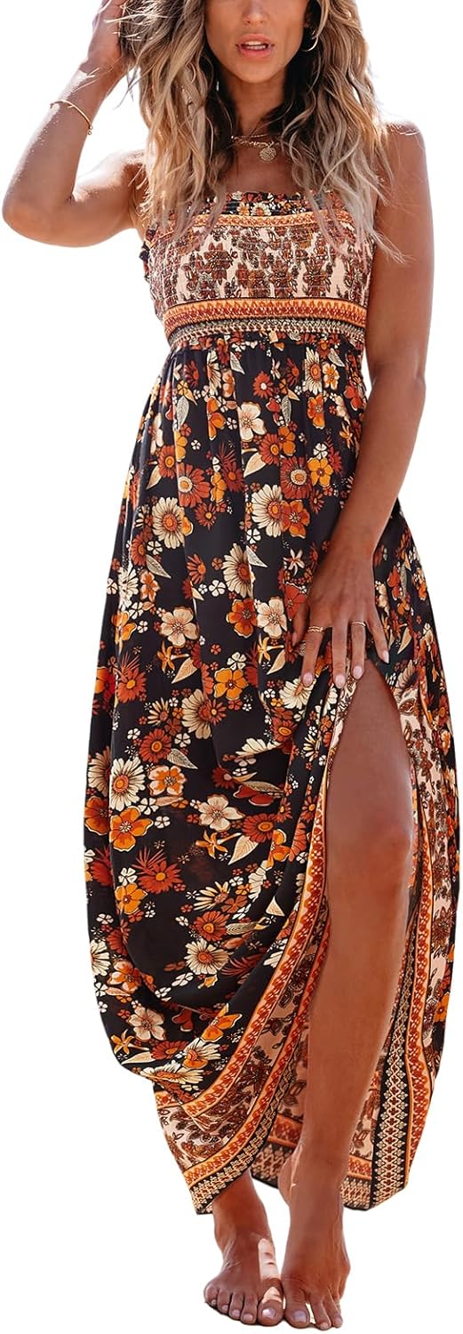 CUPSHE Women's Maxi Dress Ditsy Floral Smocked Summer Sundress Sleeveless Ruffled Spaghetti Straps Long Beach Formal Dress