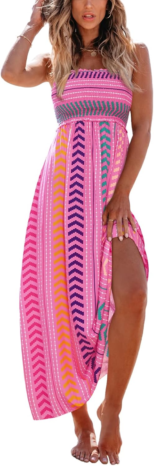 CUPSHE Women's Maxi Dress Ditsy Floral Smocked Summer Sundress Sleeveless Ruffled Spaghetti Straps Long Beach Formal Dress