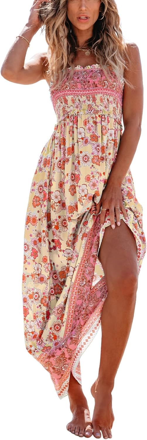 CUPSHE Women's Maxi Dress Ditsy Floral Smocked Summer Sundress Sleeveless Ruffled Spaghetti Straps Long Beach Formal Dress