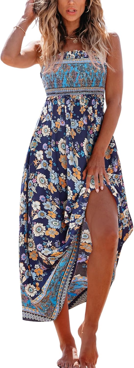 CUPSHE Women's Maxi Dress Ditsy Floral Smocked Summer Sundress Sleeveless Ruffled Spaghetti Straps Long Beach Formal Dress