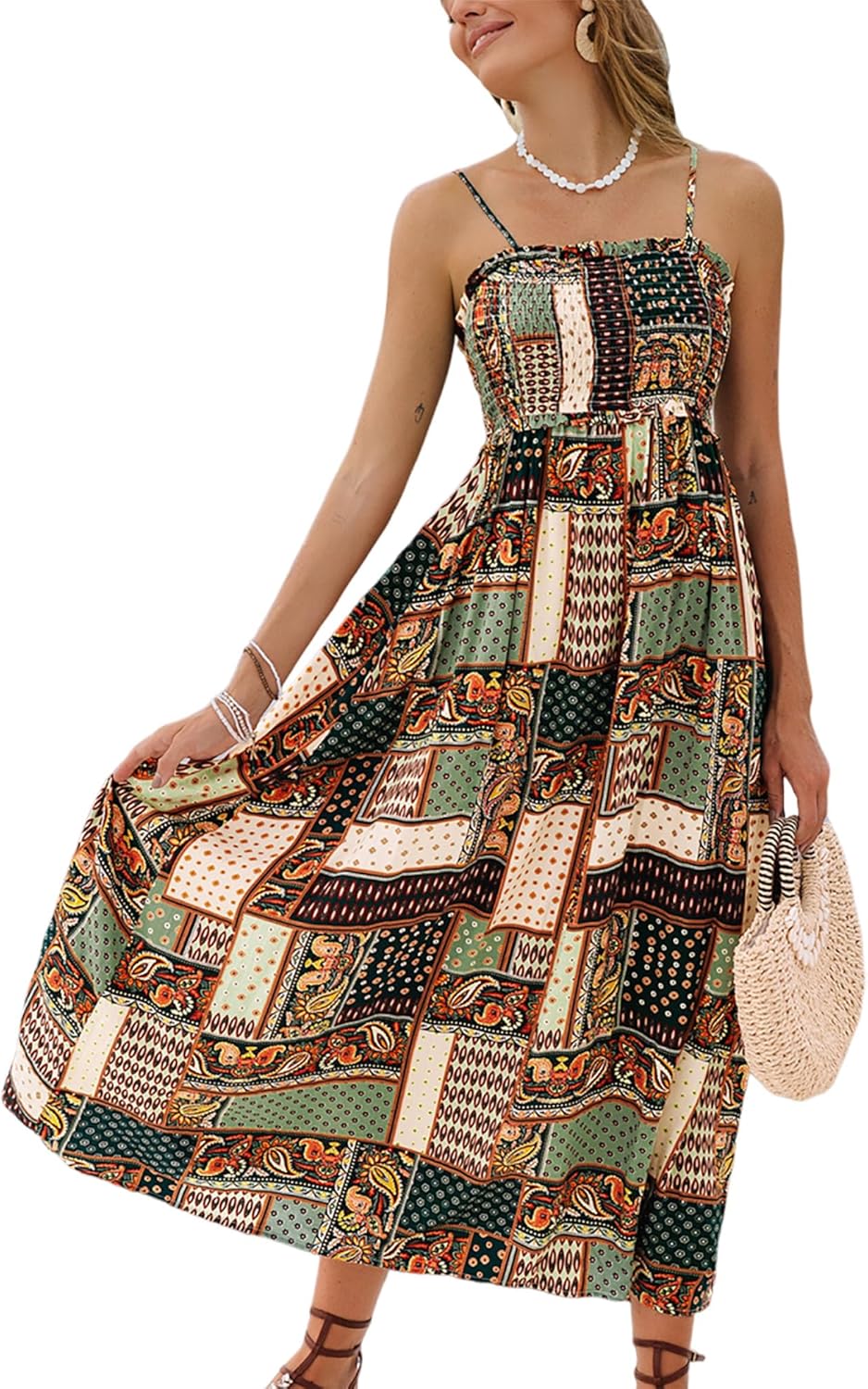 CUPSHE Women's Maxi Dress Ditsy Floral Smocked Summer Sundress Sleeveless Ruffled Spaghetti Straps Long Beach Formal Dress