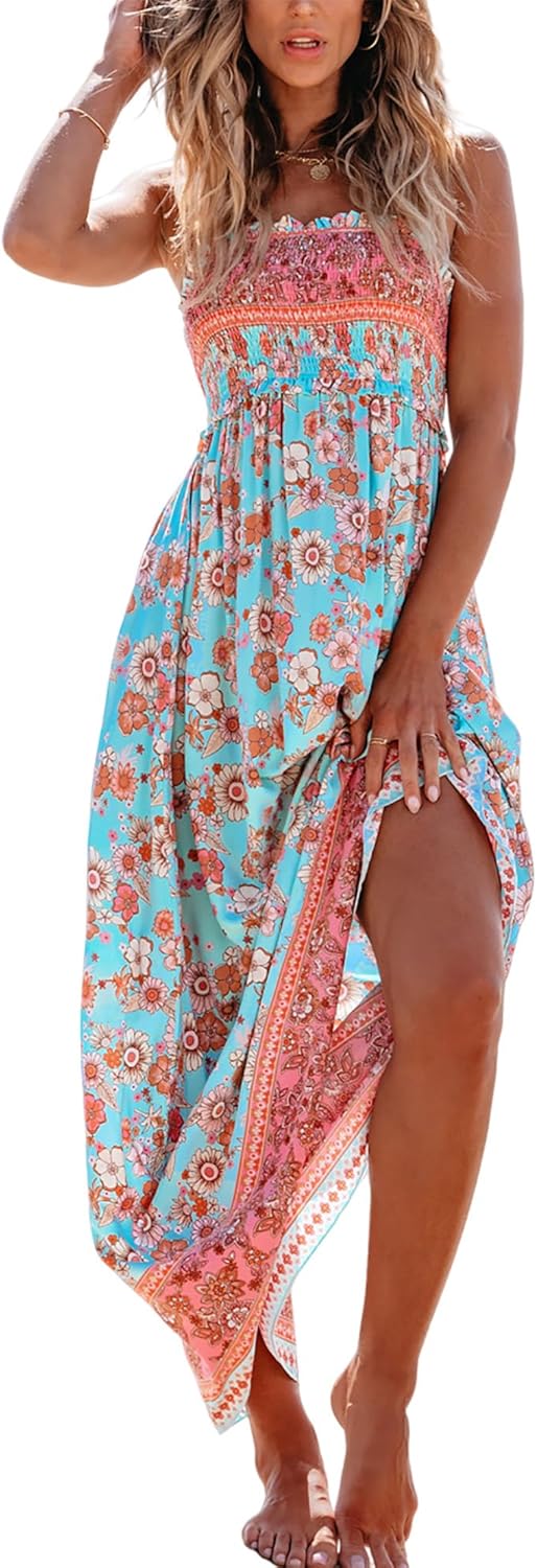 CUPSHE Women's Maxi Dress Ditsy Floral Smocked Summer Sundress Sleeveless Ruffled Spaghetti Straps Long Beach Formal Dress