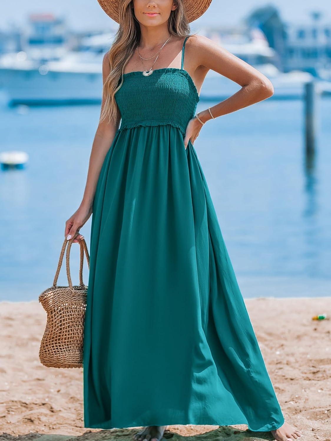 CUPSHE Women's Maxi Dress Ditsy Floral Smocked Summer Sundress Sleeveless Ruffled Spaghetti Straps Long Beach Formal Dress