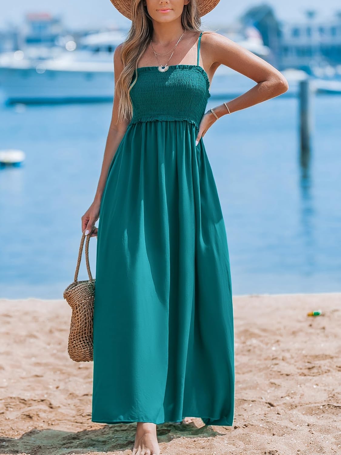 CUPSHE Women's Maxi Dress Ditsy Floral Smocked Summer Sundress Sleeveless Ruffled Spaghetti Straps Long Beach Formal Dress