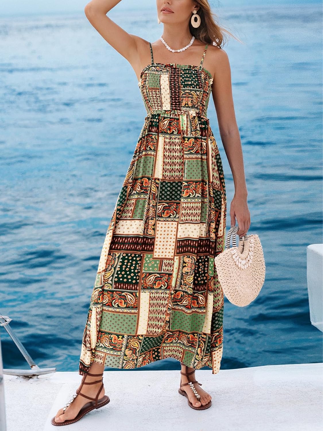 CUPSHE Women's Maxi Dress Ditsy Floral Smocked Summer Sundress Sleeveless Ruffled Spaghetti Straps Long Beach Formal Dress