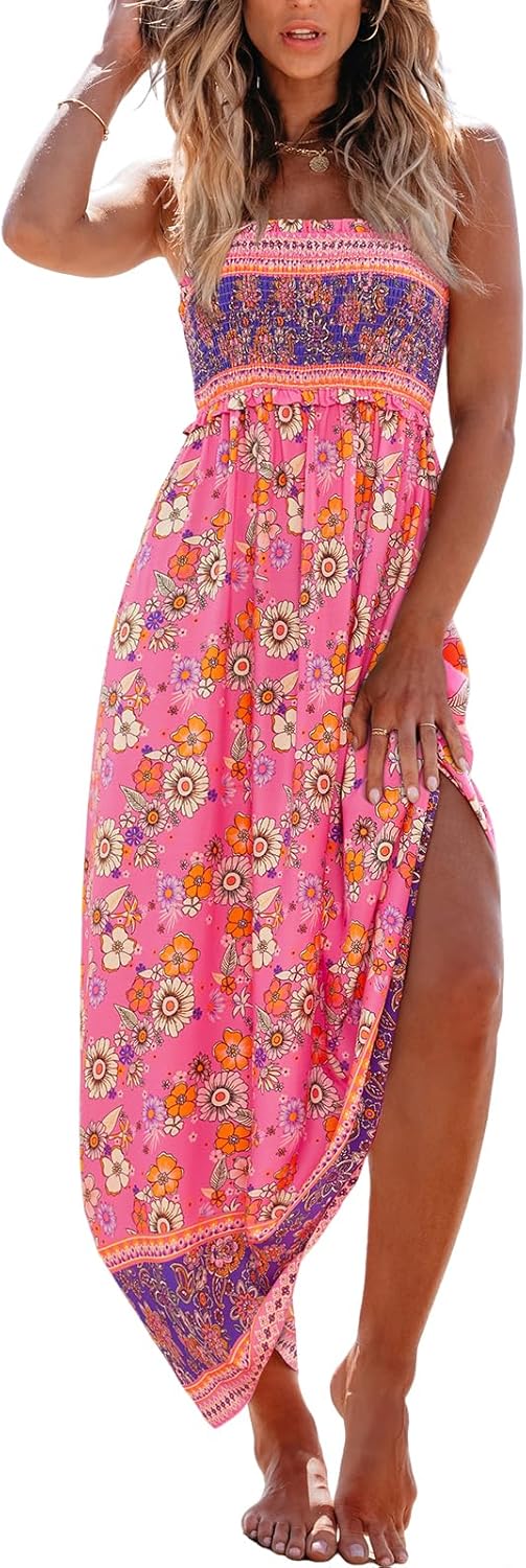 CUPSHE Women's Maxi Dress Ditsy Floral Smocked Summer Sundress Sleeveless Ruffled Spaghetti Straps Long Beach Formal Dress