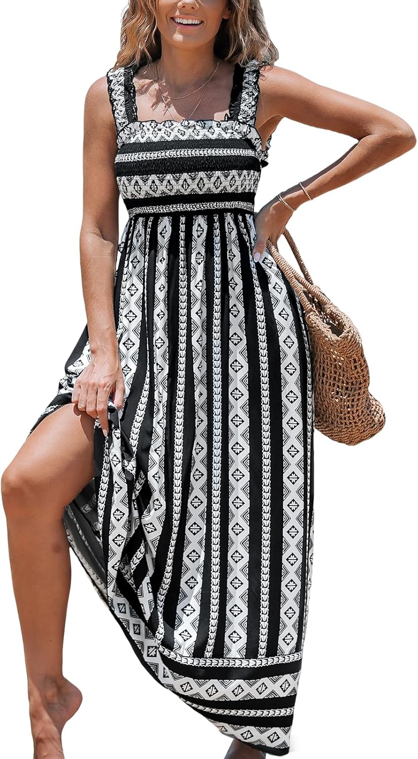 CUPSHE Women's Maxi Dress Ditsy Floral Smocked Summer Sundress Sleeveless Ruffled Spaghetti Straps Long Beach Formal Dress