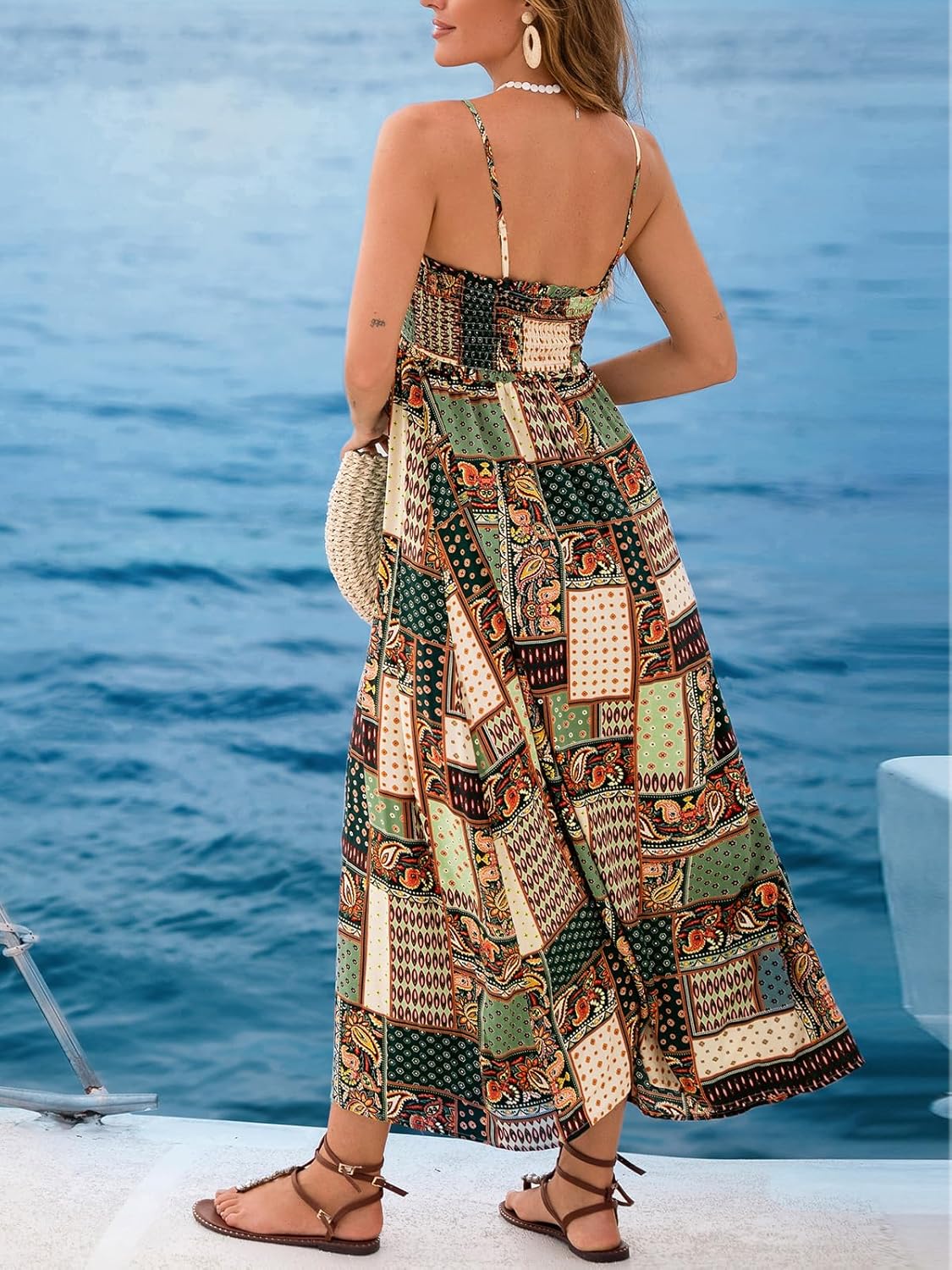 CUPSHE Women's Maxi Dress Ditsy Floral Smocked Summer Sundress Sleeveless Ruffled Spaghetti Straps Long Beach Formal Dress