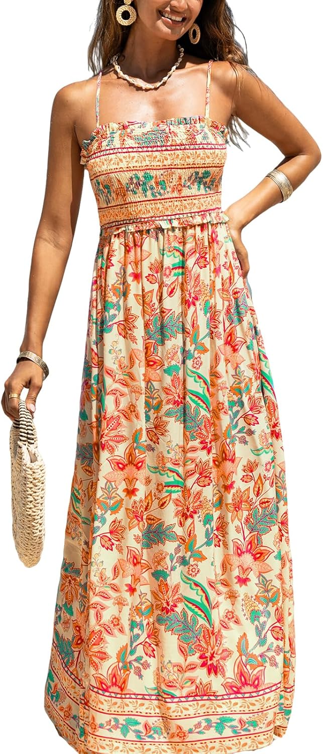 CUPSHE Women's Maxi Dress Ditsy Floral Smocked Summer Sundress Sleeveless Ruffled Spaghetti Straps Long Beach Formal Dress