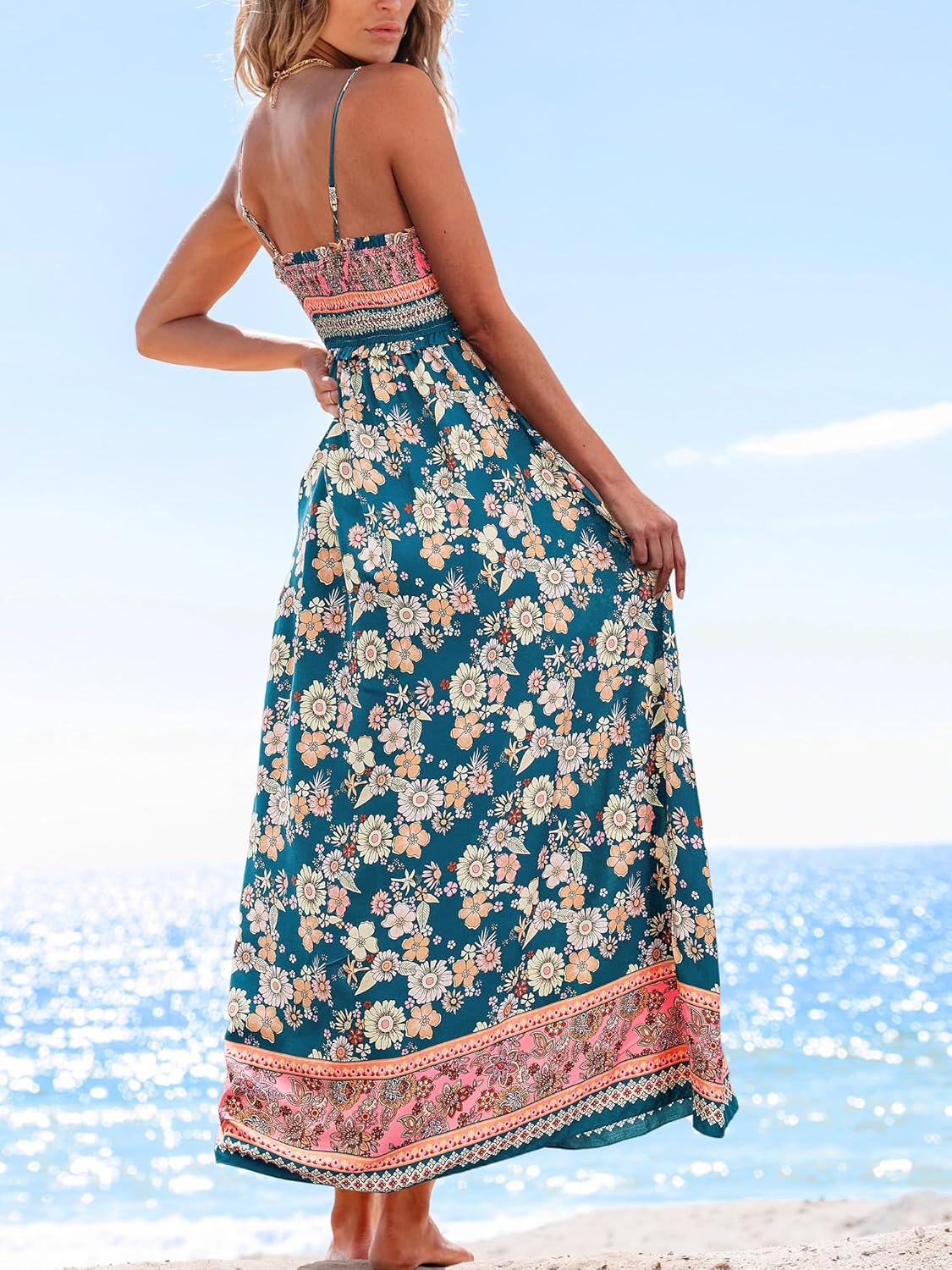 CUPSHE Women's Maxi Dress Ditsy Floral Smocked Summer Sundress Sleeveless Ruffled Spaghetti Straps Long Beach Formal Dress