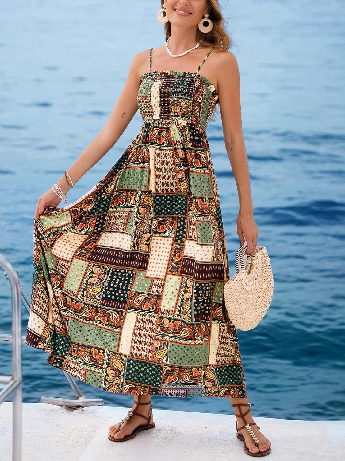 CUPSHE Women's Maxi Dress Ditsy Floral Smocked Summer Sundress Sleeveless Ruffled Spaghetti Straps Long Beach Formal Dress