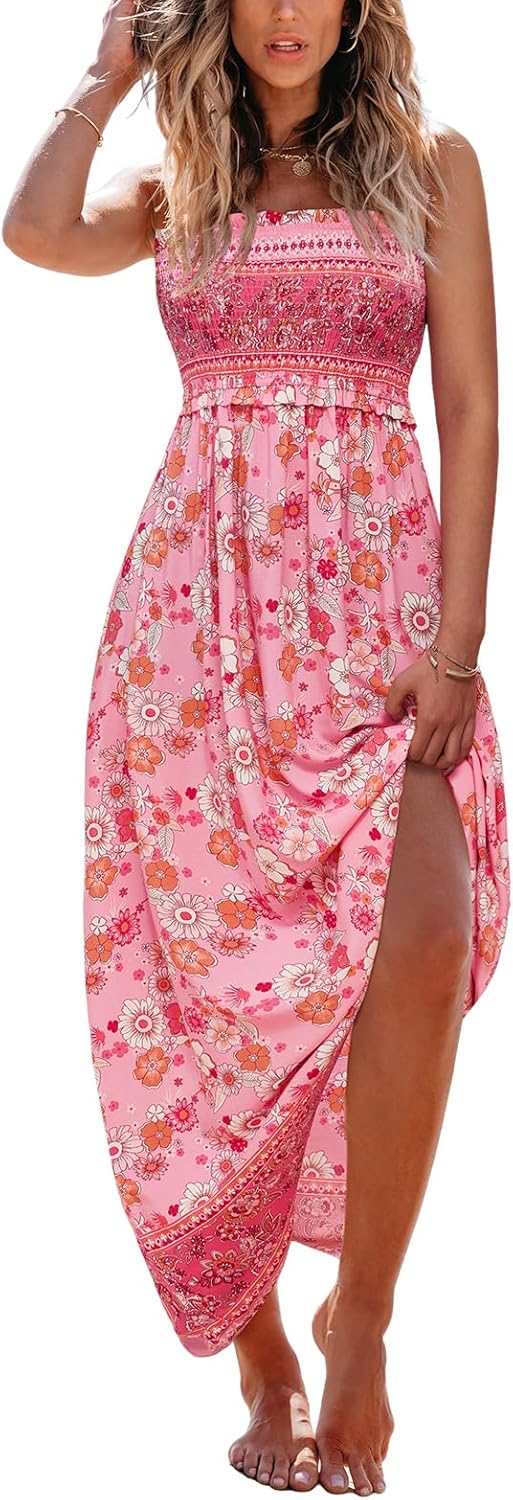 CUPSHE Women's Maxi Dress Ditsy Floral Smocked Summer Sundress Sleeveless Ruffled Spaghetti Straps Long Beach Formal Dress