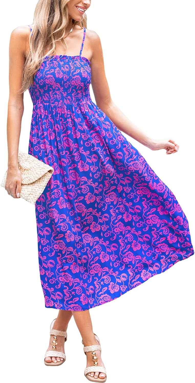 CUPSHE Women's Maxi Dress Ditsy Floral Smocked Summer Sundress Sleeveless Ruffled Spaghetti Straps Long Beach Formal Dress
