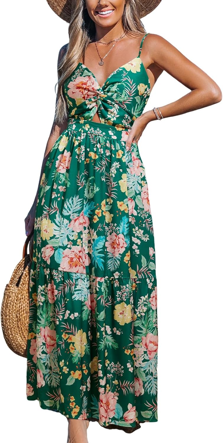 CUPSHE Women's Maxi Dress Floral Print Twisted V Neck Sleeveless Long Dress Summer Casual Dress